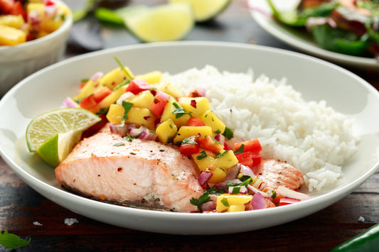 Grilled Salmon with Mango Salsa and Rice