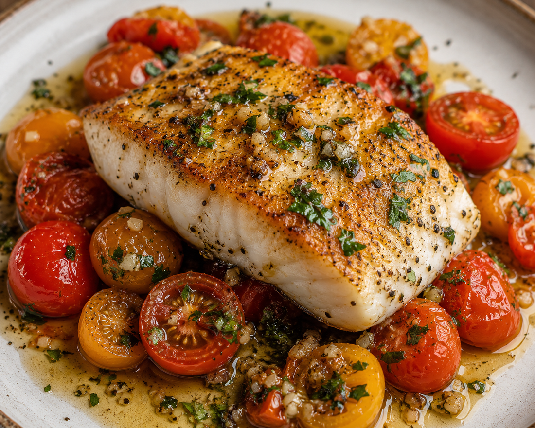 Pan-Seared Halibut with Cherry Tomatoes
